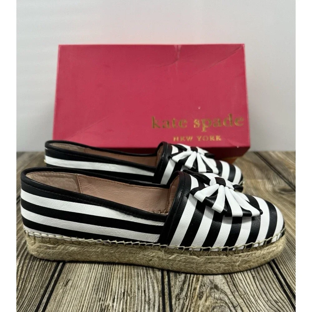 Kate Spade NY LINDS Striped Leather Bow Espadrille Flats Black White Sz 8 1/2
